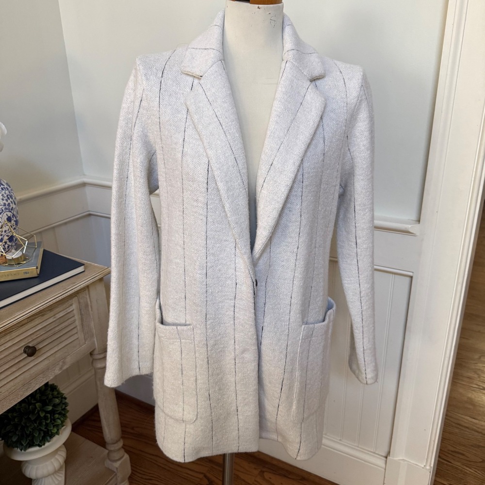 Rachel Zoe Womens Gray Pinstripe Wool Blend Longline Blazer Coatigan Jacket S